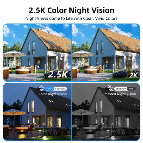 Comparison of 2.5K vs 2K color night vision with Solar Powered Outdoor Security Camera Wireless 2K WiFi with 360 Degree PTZ.