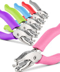 Six colorful single hole paper punches with cushioned grips and high capacity waste receptacle for crafts and office use.