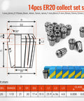 Diagram and photo of 14-piece ER20 collet set with measurements, part of Water Cooled CNC Spindle Kit 2.2KW 110V VFD Inverter for milling setup.