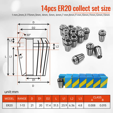 Diagram and photo of 14-piece ER20 collet set with measurements, part of Water Cooled CNC Spindle Kit 2.2KW 110V VFD Inverter for milling setup.