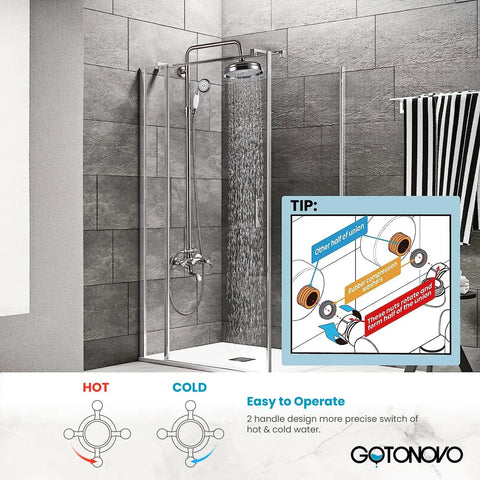 Bathroom setup with 8 Inch Round Rain Shower Head Kit With Double Cross Handle Diverter Tub Spout Wall Mount Shower Fixtures 3 Function Metal Handheld Sprayer In Brushed Nickel Finish For Modern Baths, gray tile wall