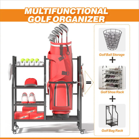 Multifunctional golf organizer with wheels, showcasing a red golf bag stand, shelves for shoes, and mesh basket for golf balls.