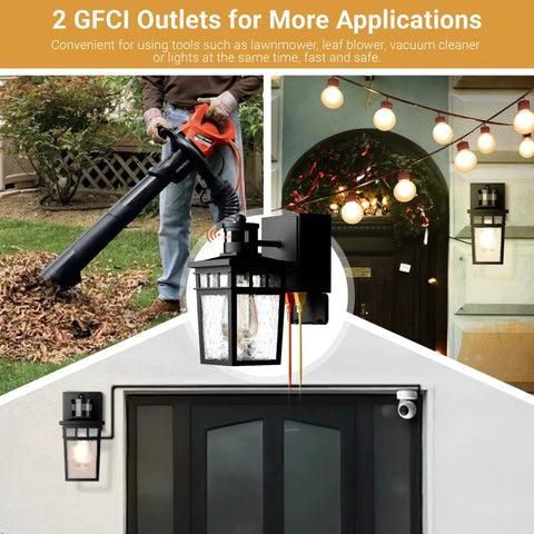 Outdoor Porch Light With Built In GFCI Outlets Dusk To Dawn Motion Sensor Exterior Light Fixture on wall near tools