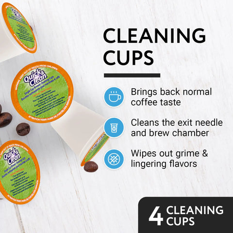 Cleaning cups next to features text, part of Descale And Clean Like A Pro Coffee Machine Descaler Bundle For Keurig K-Duo