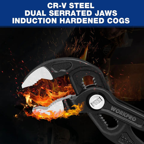 7 Inch Water Pump Pliers With Quick Release Groove Joint, V Jaw Tongue And Groove Pliers, showcasing CR-V steel and dual serrated jaws