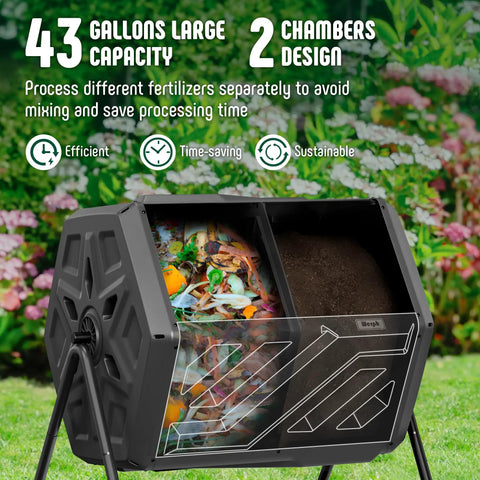 43 Gallon Outdoor Dual Chamber Compost Bin With Fast Assembly Tumbler For Quick Kitchen And Garden Waste Recycling Gloves Included Weatherproof Black Easy Box To Compost In Minutes.