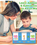 Child learning with addition and subtraction flash cards set for preschool and elementary kids 0 to 24 addition facts.