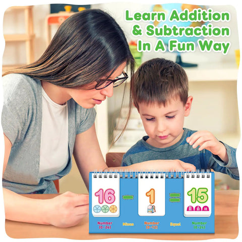 Child learning with addition and subtraction flash cards set for preschool and elementary kids 0 to 24 addition facts.