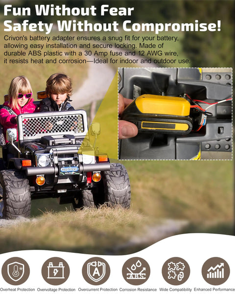 Children riding Power Wheels with 2-Pack 20V Battery Adapter For Power Wheels Upgrade Kit With Wire Connectors in use