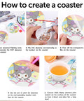 Instructions for Diamond Art Coasters Set With Holder For Adults And Kids showing 5 steps from preparation to completion.