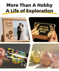 Handcrafted items featuring badged engraving, colorful bottle designs, and decorative teapots showcasing creativity and personalization.