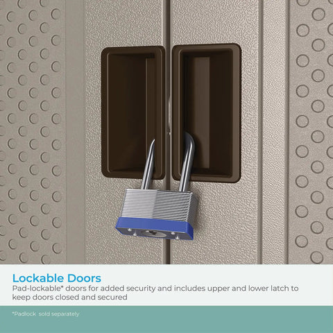 Close-up of lockable doors on a Mega Tall 31 Cubic Feet Garage Storage Cabinet With 3 Adjustable Shelves And Lockable Doors.