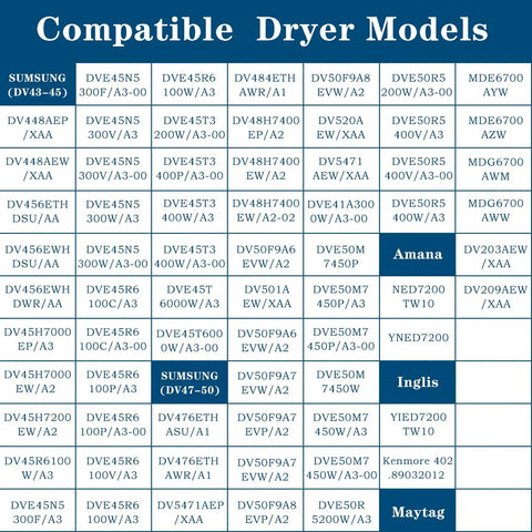 Chart of compatible dryer models for 2 Pack Dryer Heating Element Replacement DC47-00019A Direct Fit with various brands.