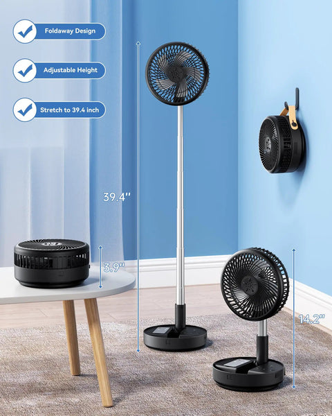 Portable Oscillating Travel Fan With 10400mAh Battery, Rechargeable USB Floor Desk Pedestal Fan, adjustable height display