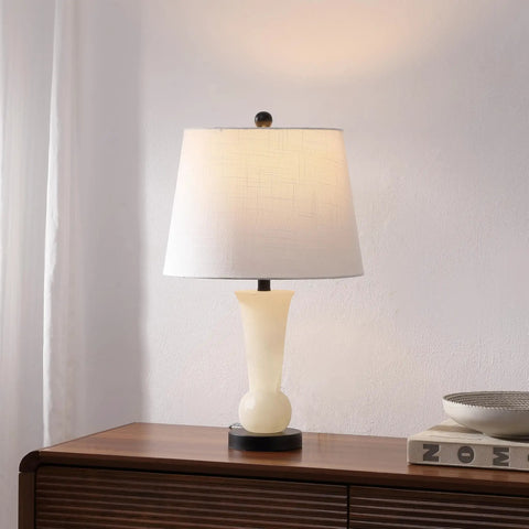 23 Inch Natural Alabaster Table Lamp With Crystal Base Sleek Modern Nightstand Light Featuring White Linen Shade Brass Gold Accents LED Bulb Included on wooden table