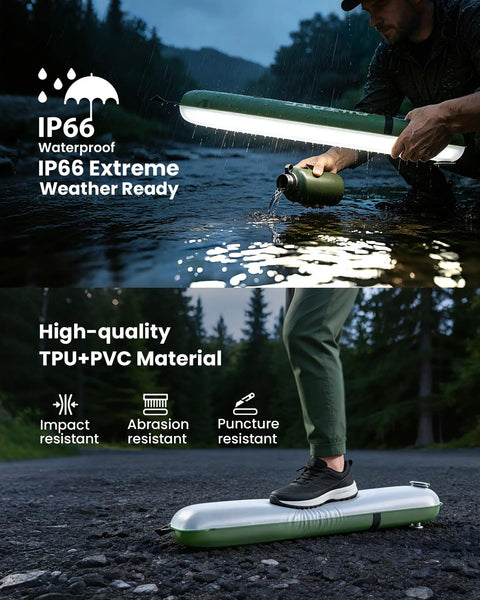 Person using Inflatable 24 Inch Solar Camping Lantern Must Have with Magnetic LED Tube Light in waterproof conditions