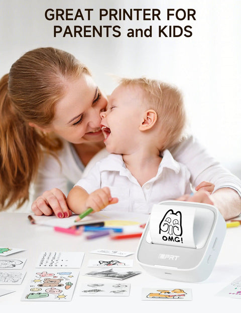 Portable Sticker Printer Grab And Go Mini Bluetooth Thermal Inkless Printer for iPhone and Android on table with mother and child