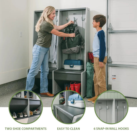 Open Design Storage Locker With Benches And Shoe Cubbies Freestanding Cabinet With Metal Hooks Weather Resistant UV Protected Organizer