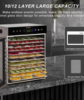 Top Shelf 800W LED Freeze Dryer With 12 Stainless Steel Trays showcasing fruits and snacks on stainless steel trays.