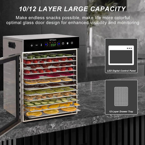 Premium Freeze Dryer Machine For Food Dehydration With Twelve Stainless Steel Trays And Digital Interface Plug And Play Operation Straight Up Kitchen Staple For Homestead Jerky Meat Fruit Prep Nailed It, featuring fruits on trays.