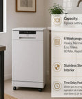 18-Inch Energy Star Portable Dishwasher In White Packing Badass Cleaning Muscle To Crush Stubborn Grime For Spotless Shine While Fitting Snug As A Bug In Tiny Kitchens Apartments Or Rvs With Roll-On Mobility And Zero Drama Hookup, with 8 place setting capacity and stainless steel interior.