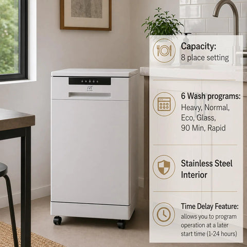 18-Inch Energy Star Portable Dishwasher In White Packing Badass Cleaning Muscle To Crush Stubborn Grime For Spotless Shine While Fitting Snug As A Bug In Tiny Kitchens Apartments Or Rvs With Roll-On Mobility And Zero Drama Hookup, with 8 place setting capacity and stainless steel interior.