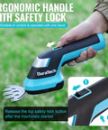 Cordless Hedge Trimmer And Grass Shear Combo held with ergonomic handle and safety lock, easily switch blades for quick yard cleanup.