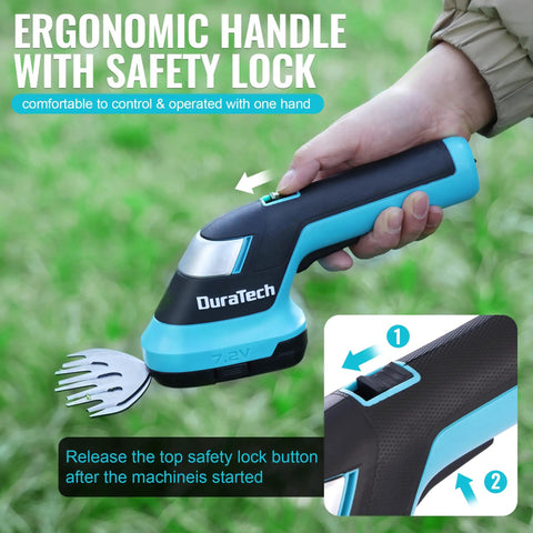 Cordless Hedge Trimmer And Grass Shear Combo held with ergonomic handle and safety lock, easily switch blades for quick yard cleanup.