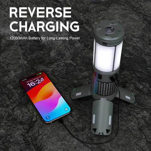 Telescoping Camping Light With Stand, Powerhouse 12000mAh Rechargeable Lantern charging a phone with magnetic base on rocky surface