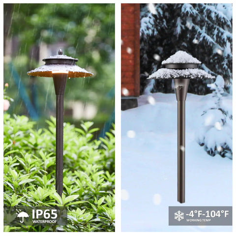 Low Voltage Landscape Lighting Kit 12V LED Pathway Lights With Five Color Options 5W Per Light Bronze Finish Modern Super Bright Outdoor Yard Garden Lighting IP65 Waterproof CRI90 ETL Listed Pack Of Six in snowy and lush garden settings