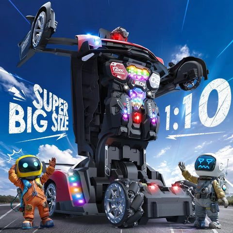 Holyton 1:10 transforming RC car/robot toy with LED lights; front view of large black mech with two astronaut figures