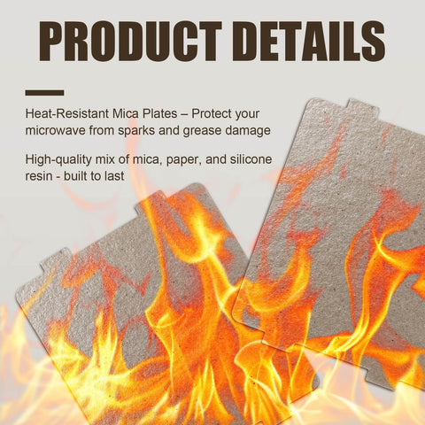 Waveguide Cover for Microwave Oven Replacement 5304464061 Mica Plate Sheets Two Pack with flame graphics and product details text