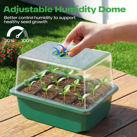 Hand adjusting vent on 4 Pack Seed Starter Tray With Self Heating And Humidity Control Domes For Indoor Gardening Thermostatic Seed Germination Kit