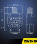 5 Pack 15 Amp Thermal Circuit Breaker With Easy Reset Switch For 125 Volt AC And 65 Volt DC Systems detailed dimensions illustration
