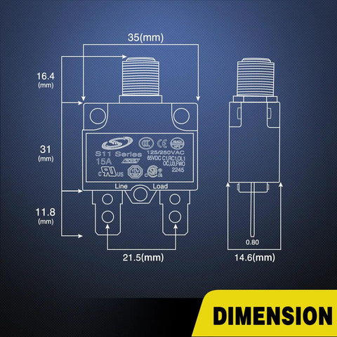 5 Pack 15 Amp Thermal Circuit Breaker With Easy Reset Switch For 125 Volt AC And 65 Volt DC Systems detailed dimensions illustration
