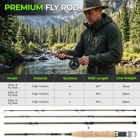 Man using the Complete Fly Fishing Gear Kit With Four Piece Rod And Pre Spool Reel Includes Twelve Flies Leader Nippers Forceps Zinger Carrying Case And An Extra Tip For A Ready To Fish Setup by a scenic river.