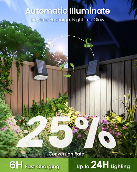 Ten Pack Solar Spot Lights Outdoor IP67 Waterproof With 63 LED Ultra Bright Landscape Spotlights on garden fence.
