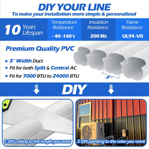 3 Inch 17 Feet Mini Split Line Set Cover Kit Outdoor Waterproof Pipe Cover For Central AC HVAC Weatherproof Decorative Duct Cover Easy Install With Straight And Flexible Ducts Included, featuring PVC material and DIY customization options, shown in a graphic layout with installation instructions.