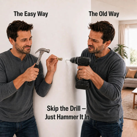 Comparison of using a hammer and drill for 120 Piece Self Drilling Drywall Anchors And Screws Kit With Hooks, 60 Anchors, 50 Screws, And 10 Hooks, Light Duty Picture Frame Hangers Value Pack For Plasterboard Gypsum Board And Hollow Walls, No Pre Drill Install