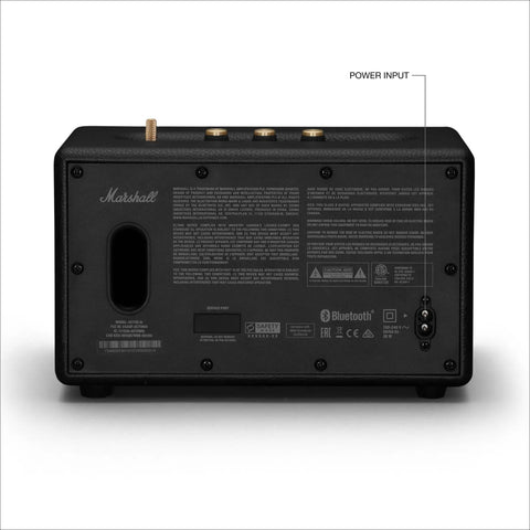 Back view of Acton III Bluetooth Home Speaker showing label and power input, designed for living rooms and casual listening sessions.