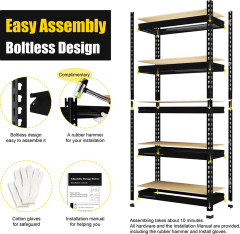 Beefy 5 Tier Adjustable Garage Storage Shelves Rack Heavy Duty Metal Utility Shelf Unit For Warehouse Pantry Closet Kitchen And Basement Black 28 W X 12 D X 59 H with boltless design and assembly tools shown.