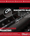 Close-up view of Magnetic Socket Organizer Set, 3-Piece Drive Metric Socket Holder With Strong Magnets, Holds Up To 75 Sockets, Pro Grade Tool Organizer, Heavy-Duty Black Stand for Quick Access and Tidy Workshop, Part 1151 showcasing magnetic base with Olsa Tools branding.