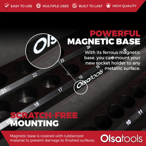 Close-up view of Magnetic Socket Organizer Set, 3-Piece Drive Metric Socket Holder With Strong Magnets, Holds Up To 75 Sockets, Pro Grade Tool Organizer, Heavy-Duty Black Stand for Quick Access and Tidy Workshop, Part 1151 showcasing magnetic base with Olsa Tools branding.
