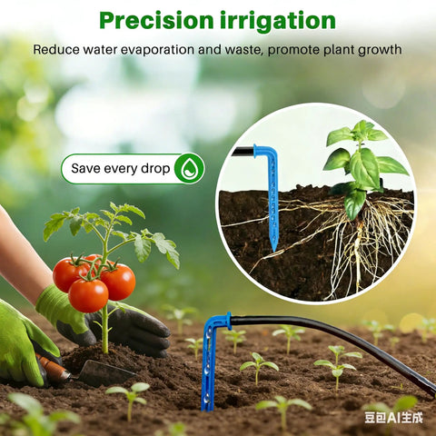 Solar Powered Drip Irrigation System With Digital Programmable Watering Kit, irrigating plants in a garden setting