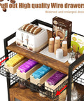 Rustic Brown Coffee Bar Cart on Wheels, 3 Tier Coffee Station Table with Pull Out Wire Basket Drawer showcasing toaster and tea supplies