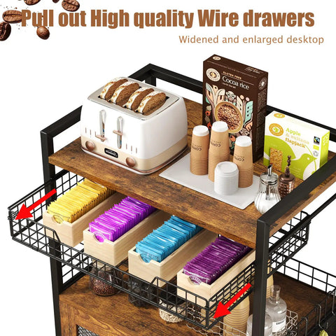Rustic Brown Coffee Bar Cart on Wheels, 3 Tier Coffee Station Table with Pull Out Wire Basket Drawer showcasing toaster and tea supplies