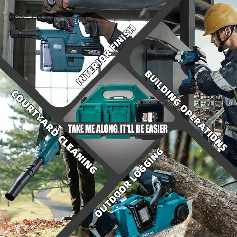 Collage illustrating Six Slot Battery Holder For 18V And Fourteen Point Four Volt with tool applications in various work environments.