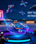 All Ages Mini Drone For Easy Stunt Flights With 360 Degree Tricks, blue frame performing 3D roll at night