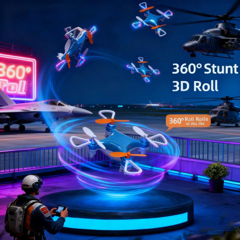 All Ages Mini Drone For Easy Stunt Flights With 360 Degree Tricks, blue frame performing 3D roll at night