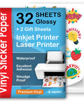 Printable vinyl sticker paper for inkjet and laser printers, 32 glossy sheets (+2 gift), white, self-adhesive